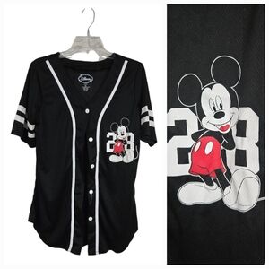 Disney Black White Mickey Mouse Jersey Juniors XL Button Front Knit Top Shirt